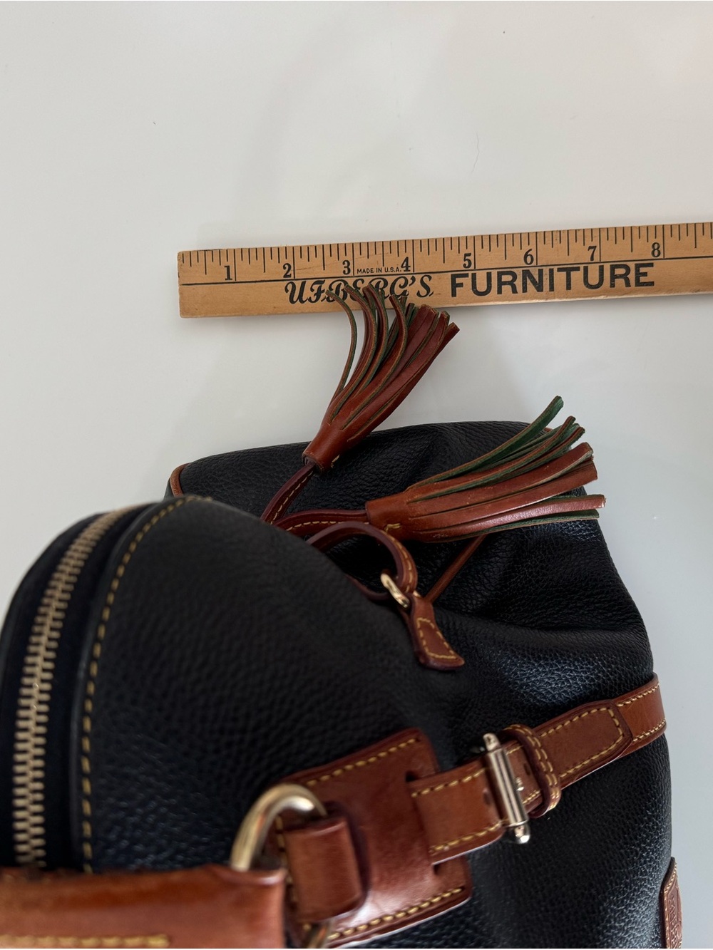 Dooney & Bourke Black Pebbled Leather Satchel with Brown Trim and Brass Hardware - Picture 10 of 11